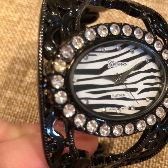 Geneva zebra and rhinestone black cuff watch - Picture 3 of 7